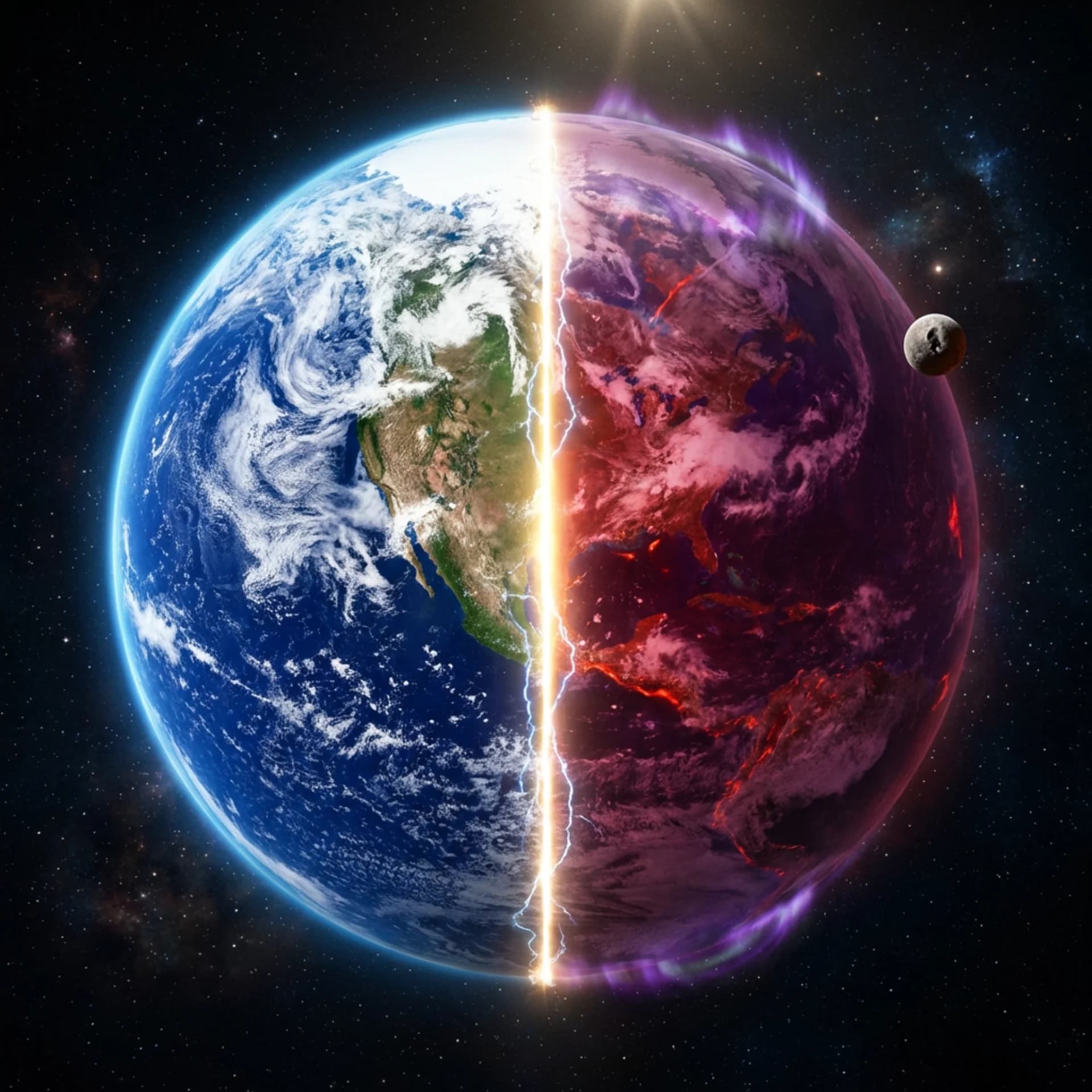 A split planet — one half Earth, one half a wild dark-fantasy world separated by a seam of golden light.