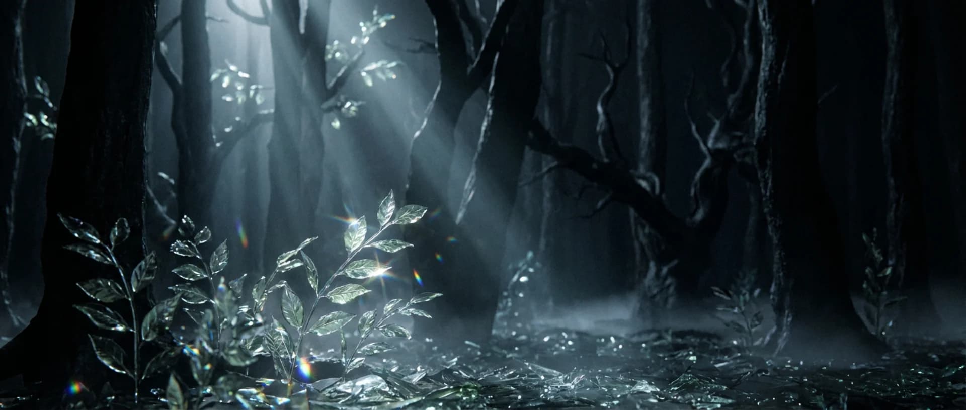 A dark forest where every leaf is a sheet of fragile glass catching pale moonlight, twisted black trunks, mist between the trees.